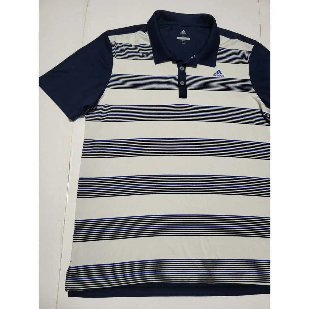 (#18) ADIDAS GOLF  Polo Size men's  Large Navy White Striped Short Sleeve